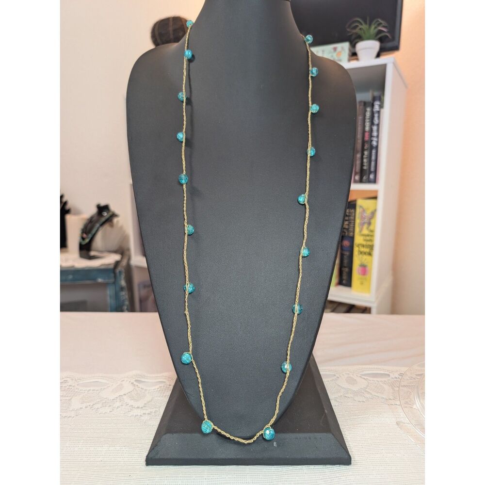 Vintage Boho Gold Metallic Crocheted Cord Long Station Necklace, Teal Beads, 40"